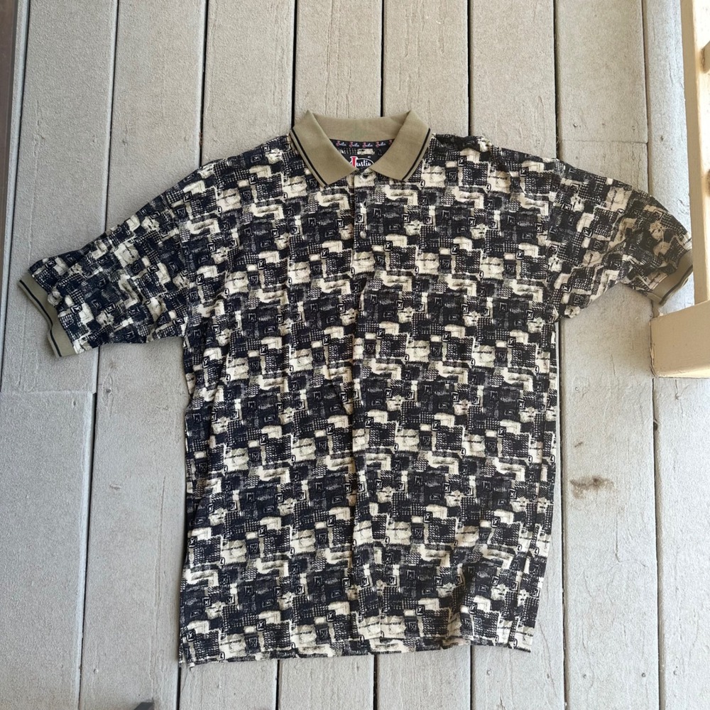 Vintage Justin Abstract Print Polo Shirt Short Sleeve Collared Casual‎ Top Large
